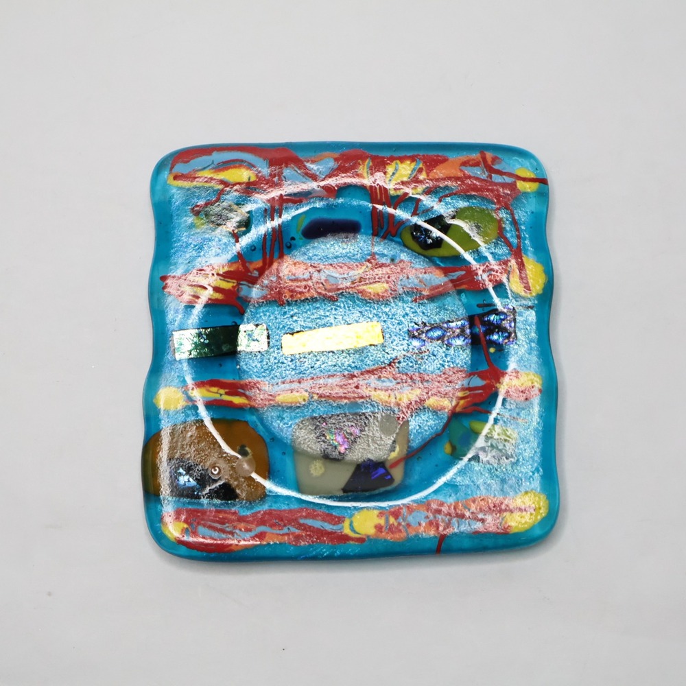 Art Glass Square Trinket Dish Blue‎ Red Yellow Abstract Fused Art Decor 5x5